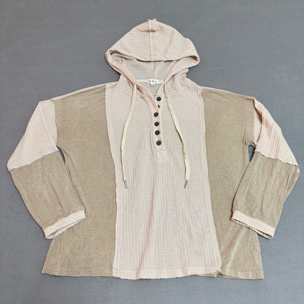 POL Hoodie Women Medium Beige Tan Waffle Knit Henley Colorblock Boho Lightweight